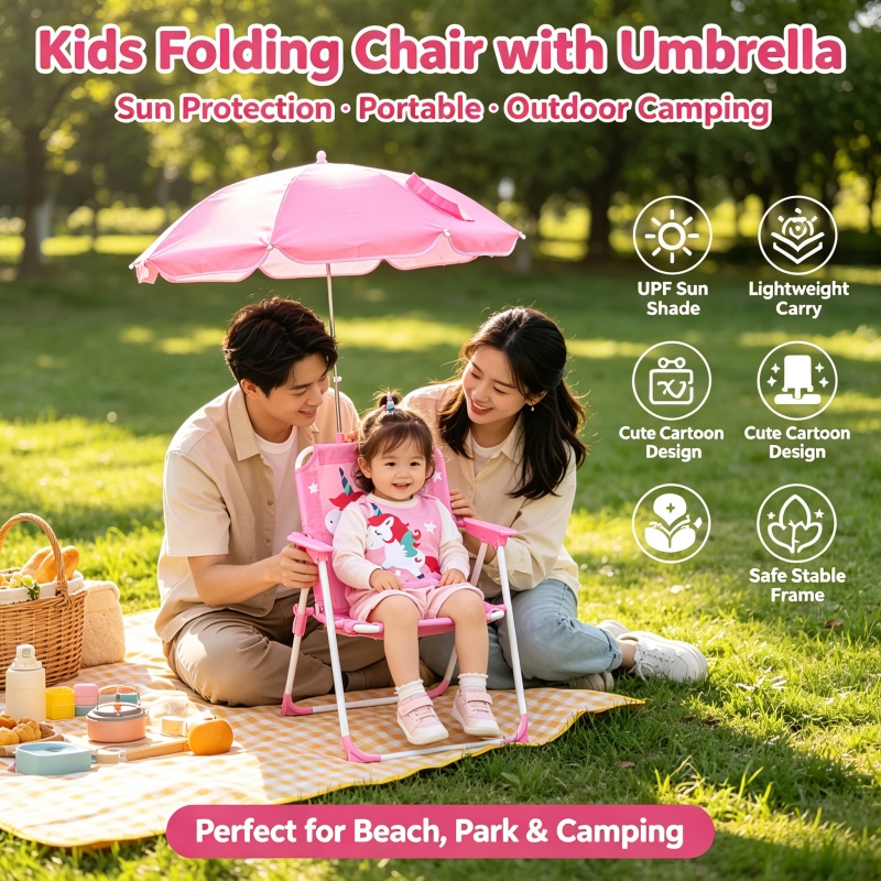 Kids Outdoor Umbrella Chair - Kids Folding Chair with Sun Umbrella